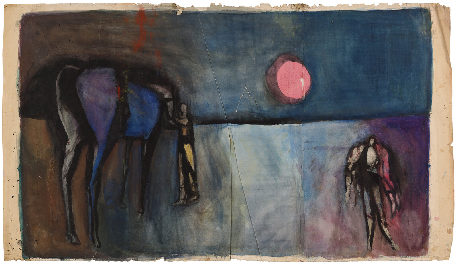 Nachtbild Pferd, Figuren, roter Mond